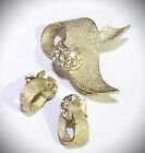 BSK Pave Rhinestone Ribbon Brooch Earrings Set Couture Textured Gold Tone VTG