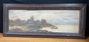 Antique Americana Painting Wood Frame Quaint Cottages Beach Sailboats Canoes 21