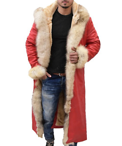 Santa Claus Long Faux Shearling Coat Christmas real leather Red Trench Overcoat