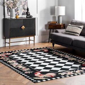 nuLOOM Hand Made Country and Floral Rooster Area Rug in Black, White