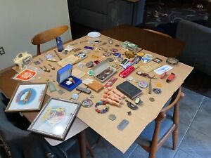 Junk Drawer Lot Postcards Bottles Jewelry Knives Spoons Watches Pins Patches