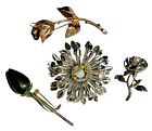 Lot of 4 Vintage Floral Brooches AB Center Stone Roses Mum Gold Tone Pins Flower