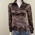 Women’s Brown Polyester Satin Casual Collared Pleats Size L Button-up Blouse Top