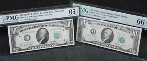 (Lot of 2) 1950B / 1985 $10 Federal Reserve Note Cleveland / Boston PMG 66 EPQ
