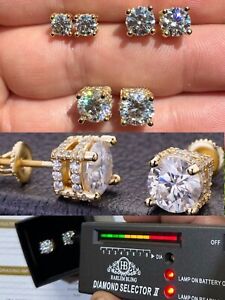 Moissanite 3D Iced Solitaire Screwback Stud Earrings Real 14k Gold Plated Silver