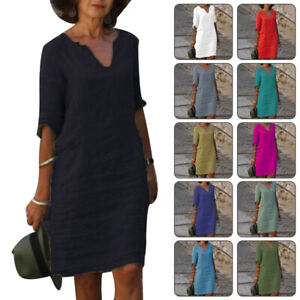 Womens Short Sleeve Cotton Linen Midi Dress Ladies Solid V Neck Baggy Sundress