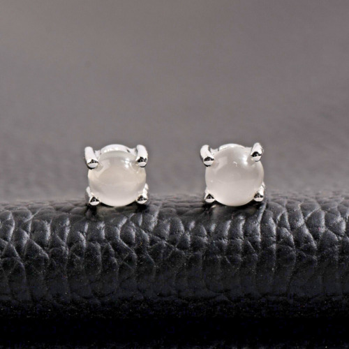Cabochon Solitaire Moonstone Stud Earrings In 925 Silver Handmade Studs .