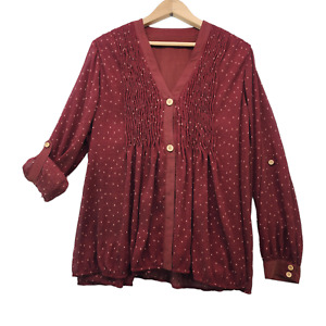 Womens Crinkle Top Baby Doll Blouse Pleated Crepe Burgundy Polka Dot Size XL