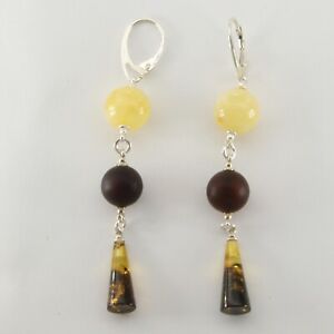 Multi-Color Cone BALTIC AMBER Leverback Earrings  - 925 STERLING SILVER 3494