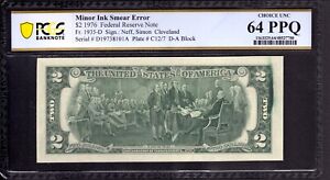 New Listing1976 $2 FEDERAL RESERVE NOTE CLEVELAND GREEN INK SMEAR ERROR PCGS B CU 64 PPQ