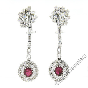 Vintage 14k Gold GIA Burma NO HEAT Ruby Diamond Flower Dangle Statement Earrings
