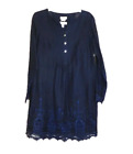 Malvin Linen Dress Sz L Blue Pintuck Button Placket Yoke Embroidered Lace Trim