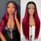 Burgundy Ombre Lace Frontal Wigs Pre Plucked Glueless Synthetic HD Long Straight