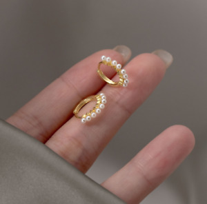 Women Girl 18K Gold Plated Small Pearl Huggie Hoop Earrings 12mm Gift E22