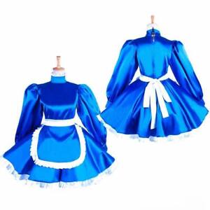 Girl Maid Sissy Lockable Blue Satin Dress cosplay costume Tailor-made