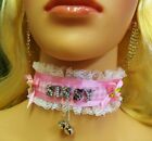 Any Size Personalized Pink Choker Collar LOCK Bells Lace Sissy BDSM DDLG Kitten