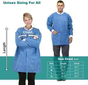 Disposable Lab Jackets SMS 45G Hip Length with Pockets, Knit Cuff, S/M/L/XL