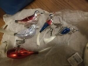 Vintage West Germany Christmas Clip Ornament Lot Box Of 5 Birds Glass Excellent!