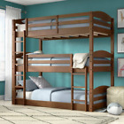 Brown Finish Wooden Twin Over Twin Triple Bunk Bed Convertible Cama Litera Cafe