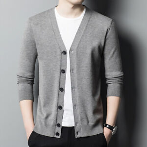 Mens Cardigan Solid Color Knit Sweater Cardigans Male V-Neck Casual Sweaters