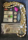 Junk drawer lot collectibles. Military Currency, Coins, Jewelry, Stamps, Stones.