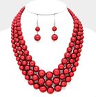 Red Pearl Multi Layered Strand Statement Bead Chunky Jewelry Necklace Set