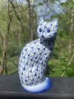 Vintage Andrea by Sadek Blue & White Fishnet Ceramic Cat FIgurine
