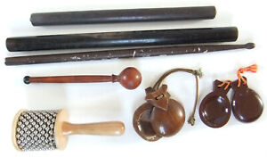 VINTAGE JOBLOT OF PERCUSSION INSTRUMENTS, BEATER, STICK, CABASA, CASTANETS -USED