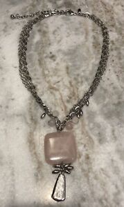 Chico’s Necklace Pale Pink Rose Quartz Square Stone Bead Charms Pendant Chain