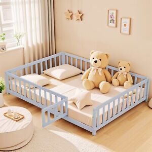Elegant and Functional Full Size Wood Bed with Fence and Door for Kids
