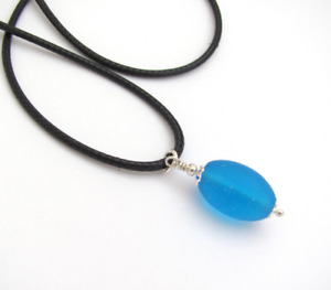Aqua Sea Glass Necklace Black Cord Unisex Jewelry Pendant Summer Beach Gift
