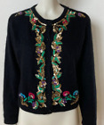 Vintage 80s Forenza Silk Angora Wool Crop Cardigan Black Sequin Embroidered Sz L