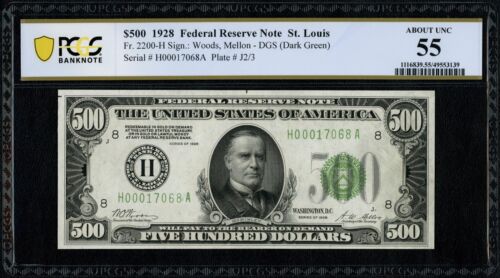 1928 $500 Five Hundred Dollar St. Louis FRN Gold Note Fr#2200H-DGS PCGS AU 55