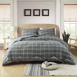 HIG 3PCS Reversible Check Pattern Comforter Set Cationic Dyeing Bed Set
