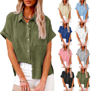 Womens Summer Short Sleeve Button Down Blouse Casual Shirt Office Ladies Tops