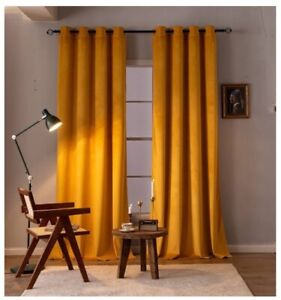 100% Blackout Velvet Curtains 2 Panels Mustard Yellow Blackout Curtains for B...