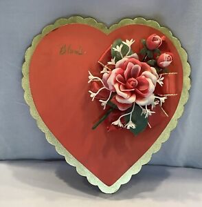 Vintage Blum's Red Gold Heart Valentine Day Heart Shape Candy Box Flowers