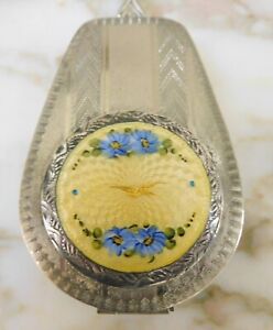 ANTIQUE VINTAGE GUILLOCHE YELLOW BLUE FLOWERS GOLD BIRD COMPACT