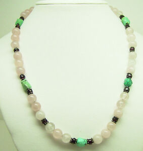 Turquoise and Rose Quartz necklace 17 inches long, 925 silver clasp