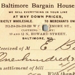 1900 Adv. Payment Conf. Postcard Baltimore Bargain House - E. Baker*