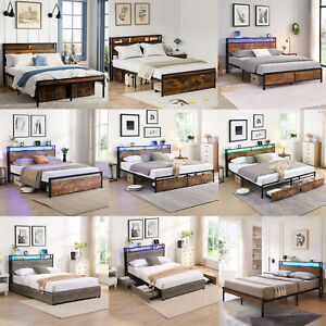 New ListingFull/Queen/King Size Bed Frame with LED Headboard & USB Ports Metal Platform Bed