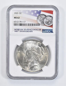 1923 MS62 MS 62 Peace Silver Dollar NGC Flag 2021 100th Ann Label *0696