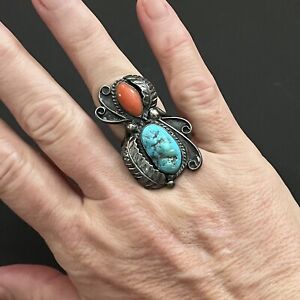 LARGE Signed VINTAGE Native American STERLING SILVER Turquoise & Coral RING