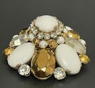 Signed SCHREINER Oval Dome Brooch/Pendant Gold Tone Milk Stone Clear Crystals