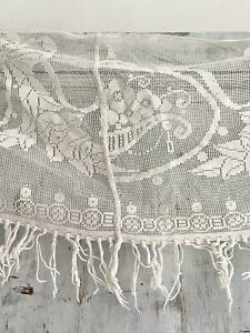 Vintage French floral MANTELPIECE COVER curtain cotton FILET LACE FRINGES c1930