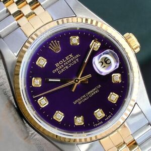 ROLEX MENS DATEJUST 16233 18K YELLOW GOLD & STAINLESS STEEL PURPLE DIAL WATCH