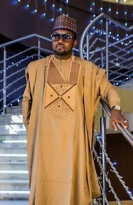 Gold and Brown Agbada Babariga 3 Pieces Men Groom Suit African Clothing for Men