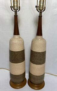 Vintage Pair of Mid Century Ceramic & Wood Table Lamps Textured 35.5