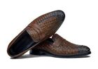 Handmade Brown Woven Chitai mat shoes, dress leather moccasin for men