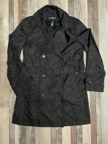 Lauren Ralph Lauren Black Trench Coat Jacket Women’s Size Med Print Belted
